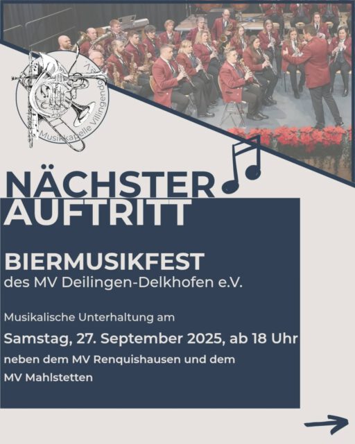 Zurück aus der Sommerpause heißt es für uns auf zum Biermusikfest nach Deilingen-Delkhofen. 

Am Samstag, den 27.09. ab 18 Uhr, könnt ihr uns neben unseren Musikkameraden aus Renquishausen und Mahlsetten in der Gemeindehalle hören. 

@musikverein.deilingen wir freuen uns auf einen tollen Abend ☺️🍻