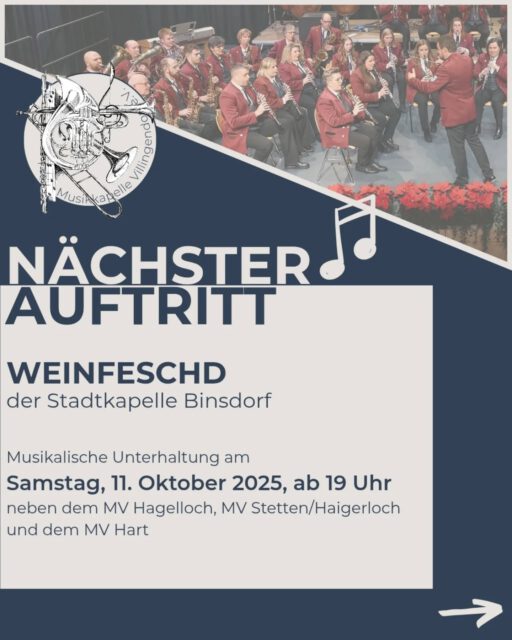 Zu Besuch bei unseren Musikfreunden aus Binsdorf sind wir am 11. Oktober. 

Zusammen mit dem @mvhagelloch, dem @mv.haigerloch_stetten_1958 und dem @musikverein_hart sorgen wir beim WEINFESCHD für gute Unterhaltung.

@stadtkapelle.binsdorf wir freuen uns auf einen tollen Abend 🎺🍷

#musikfreunde #blasmusik #tradition